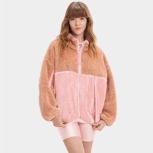UGG Marlene Sherpa Faux Fur Jacket Sandalwood Pink Full Zip Cozy Sz M